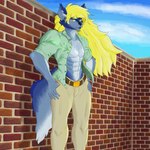 abs anthro blonde_hair blue_body blue_fur clothed clothing fluffy fluffy_ears fluffy_hair fluffy_tail forearms fur hair khakis long_hair male muscular muscular_anthro muscular_male open_clothing open_shirt open_topwear outside piercing sharp_teeth shirt solo tail teeth topwear yellow_eyes bearglyph crosslink marcel_tano canid canine canis mammal wolf 1:1 hi_res