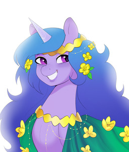 accessory bloom blue_hair clothing dress female feral flower flower_in_hair gradient_hair hair hair_accessory horn plant purple_eyes quadruped simple_background smile solo white_background aztrial hasbro mlp_g5 my_little_pony mythology izzy_moonbow_(mlp) equid equine mammal mythological_creature mythological_equine unicorn hi_res