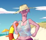 anthro bald beach big_breasts breasts clothing female hat headgear headwear huge_breasts jewelry necklace nude pink_body pink_skin sea shell sky slime solo topwear water wet wet_body wet_clothing wet_topwear warest cyclostomata fish hagfish jawless_fish marine