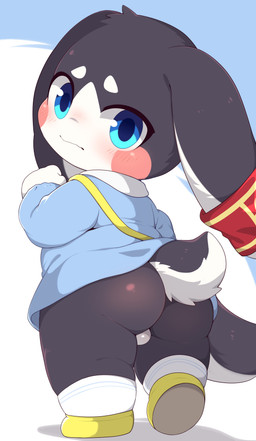 anthro backsack balls big_ears biped black_body black_ears black_fur black_tail blue_clothing blue_eyes blush blush_lines bottomless butt cheek_markings clothed clothing countershade_face countershade_fur countershade_tail countershading ear_accessory facial_markings floppy_ears fluffy fluffy_tail footwear fur genitals head_markings kemono long_ears looking_at_viewer looking_back looking_back_at_viewer lop_ears male male_anthro markings multicolored_body multicolored_ears multicolored_fur multicolored_tail no_underwear pupils rear_view scut_tail shoes short_tail shota simple_background socks solo standing tail two_tone_body two_tone_ears two_tone_fur two_tone_tail white_body white_clothing white_countershading white_ears white_footwear white_fur white_socks white_tail young young_anthro young_male toruu honkai:_star_rail mihoyo pom-pom_(honkai:_star_rail) lagomorph leporid mammal rabbit 2026 absurd_res colored digital_media_(artwork) full-length_portrait hi_res portrait shaded
