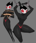 anthro bdsm biped black_body bondage bound clothed clothing cuff_(restraint) grey_background kneeling male nipples red_eyes restraints rope rope_bondage shackles simple_background skimpy solo underwear idolomantises hollow_knight team_cherry grimm_(hollow_knight) arthropod absurd_res hi_res