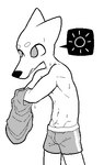 anthro bodily_fluids clothed clothing holding_clothing holding_object male navel simple_background solo speech_bubble standing sweat topless topless_anthro topless_male underwear underwear_only undressing white_background naked-sharks night_in_the_woods gregg_lee canid canine fox mammal black_and_white monochrome