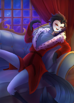 anthro bathrobe bathrobe_only bird_legs clothing electronics feathers fluffy fluffy_chest furniture landline_phone male ornate_furniture phone red_clothing red_sclera robe sofa solo tail tail_feathers murfa hellaverse helluva_boss stolas_(helluva_boss) avian bird hybrid owl owl_demon digital_media_(artwork) digital_painting_(artwork) hi_res painting_(artwork)