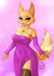 anthro breasts brown_eyes clothing curvy_figure dress eyebrow_piercing eyewear facial_piercing female fur glasses gloves handwear jewelry legwear looking_away orange_body piercing slim smile solo standing stockings demonkussh dreamworks the_bad_guys diane_foxington canid canine fox mammal absurd_res hi_res