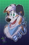 anthro badge excited fluffy happy kerchief male smile solo spots tongue zappfox beta_(betaetadelota) australian_shepherd canid canine canis domestic_dog herding_dog mammal pastoral_dog sheepdog absurd_res bust_portrait hi_res portrait