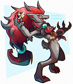 anthro badge bag belt black_body claws confident female fluffy gem hair open_mouth pearl_(gem) purple_eyes red_claws red_hair scarf smile solo standing blitzdrachin conditional_dnp nintendo pokemon pokemon_mystery_dungeon spike_chunsoft canid generation_5_pokemon mammal pokemon_(species) zoroark