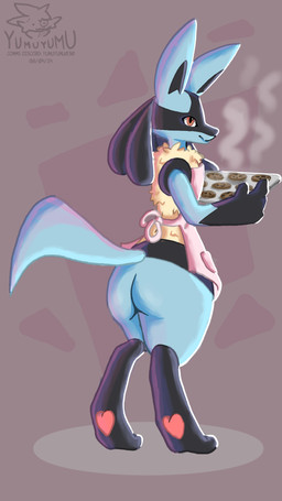 ambiguous_gender anthro apron apron_only baked_goods baking baking_tray blue_body blue_fur butt candy chocolate chocolate_chip_cookie chocolate_chips clothing cookie cooking dessert dreadlocks facial_markings food fur happy head_markings heat_(temperature) looking_at_viewer markings mask_(marking) pawpads paws pink_clothing pockets red_eyes simple_background smile solo steam stripes tan_body tan_fur tray yumuyumu nintendo pokemon canid canine canis generation_4_pokemon jackal lucario mammal pokemon_(species) wolf 9:16 hi_res shaded shaded_line_art