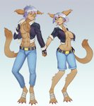 anthro big_breasts big_ears bottomwear breasts clothing crossgender denim denim_bottomwear denim_clothing duo female grey_hair hair heterochromia jacket jeans leather leather_clothing leather_jacket leather_topwear male muscular pants paperimp paws tongue topwear twokinds eugeniyburnt_(character) fan_character zhenyaburnt_(character) basitin mammal