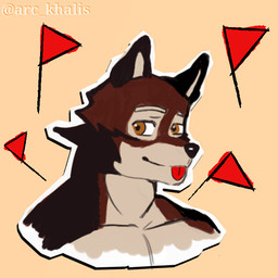 anthro black_nose brown_eyes flag flag_(object) fur male multicolored_body multicolored_fur red_body red_flag red_fur solo text tongue tongue_out arc_khalis echo_(game) echo_(series) echo_project leo_alvarez canid canine canis mammal red_wolf wolf 1:1 artist_name