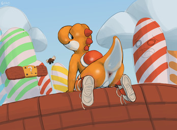 ?_block anthro anus balls barely_visible_balls barely_visible_genitalia brick_block clothing cloud countershading footwear genitals legwear looking_back male orange_body outside perineum presenting presenting_anus rear_view shell shocked shoes solo thigh_highs y_anus glibnel mario_bros nintendo goomba orange_yoshi yoshi absurd_res hi_res