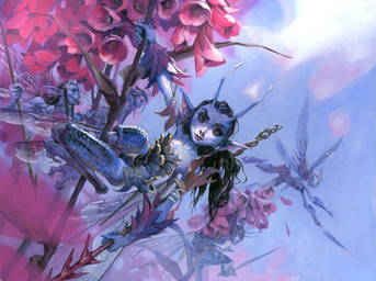 antennae_(anatomy) black_hair blue_body blue_exoskeleton cloud detailed_background exoskeleton female flower flying group hair holding_melee_weapon holding_object holding_sword holding_weapon humanoid_pointy_ears insect_wings looking_at_viewer male melee_weapon open_mouth outside plant pointy_ears ponytail sitting sword weapon wings jesper_ejsing hasbro magic:_the_gathering wizards_of_the_coast fairy humanoid absurd_res hi_res official_art
