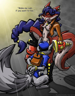 anthro anthro_on_anthro backpack bdsm bodily_fluids bondage bottomless bound breast_grab breasts choker clothed clothing cuff_(restraint) cunnilingus dominant dominant_female duo eyes_closed female fire_hydrant forced gun hand_on_breast handcuffs jewelry male male/female metal_cuffs navel necklace nipples open_clothing open_shirt open_topwear oral outside partially_clothed ranged_weapon restraints sex shackles shirt sitting standing street submissive submissive_male sweat sweatdrop topwear vaginal weapon andrew_murphy-mee sly_cooper_(series) sony_corporation sony_interactive_entertainment sucker_punch_productions carmelita_fox sly_cooper canid canine fox mammal procyonid raccoon 2003
