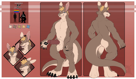 anthro balls blue_eyes butt countershade_butt countershade_face countershade_fur countershade_tail countershade_torso countershading erection feet fur genitals hair knot lgbt_pride long_tail male muscular muscular_male nude pattern_background penis pink_ears pride_colors simple_background six-stripe_rainbow_pride_colors smile solo standing stated_homosexuality stated_sexuality striped_background tail xenonnero ej kangaroo macropod mammal marsupial digital_media_(artwork) hi_res model_sheet