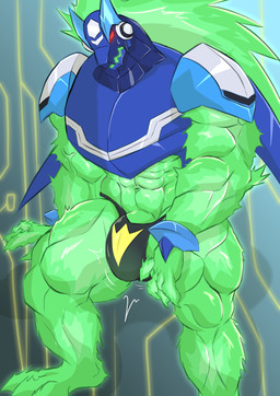 abs anthro armor barazoku big_muscles bulge clothing cybernetics detailed_bulge electronics genitals glowing glowing_body glowing_eyes glowing_genitalia green_body machine male muscular muscular_anthro muscular_male penis penis_base solo underwear geryorias capcom mega_man_(series) mega_man_star_force omega-xis alien cyborg em_being absurd_res hi_res