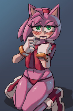 accessory anthro blush boots bracelet breath clothed clothing female flustered footwear fur gloves green_eyes hair_accessory hairband handwear jewelry kneeling navel panties panting pantsless pink_body pink_fur shirt shoes solo topwear underwear massivetwo sega sonic_the_hedgehog_(series) amy_rose eulipotyphlan hedgehog mammal hi_res