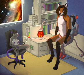 abdominal_bulge animal_genitalia animal_penis anthro balls bed being_watched bong bookshelf breast_grab breasts brown_body canine_genitalia canine_penis chair collar detailed_background drugs female furniture genitals gloves_(marking) green_eyes grey_body group hair hand_on_breast interspecies lamp lava_lamp leash leash_pull leg_markings long_hair looking_at_another male male/male markings masturbation multi_breast nipples nude office_chair on_bed on_bottom on_top penis purple_nipples reverse_cowgirl_position rug science_fiction sex size_difference socks_(marking) trio vaginal vaginal_masturbation vulva window volpek6 canid canine fox hybrid mammal murid murine rat rodent absurd_res hi_res