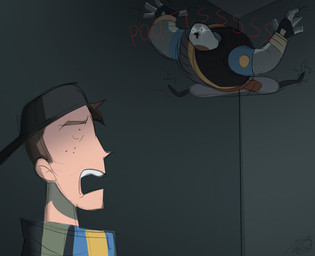 anthro baseball_cap beak belt_buckle black_clothing black_fingerless_gloves black_gloves black_handwear black_hat black_headwear black_topwear black_vest blue_clothing blue_shirt blue_topwear bottomwear brown_body brown_eyebrows brown_hair buckle ceiling clothed clothed_anthro clothed_male clothing countershade_arms countershade_hands countershading cracks dot_eyes duo eye_contact eyebrows fingerless_gloves freckled_face freckles fully_clothed fully_clothed_anthro fully_clothed_male gloves glowing glowing_eyes grey_body grey_bottomwear grey_clothing grey_pants hair handwear hat headgear headwear inside looking_at_another looking_down looking_down_at_another looking_up_at_another male onomatopoeia open_beak open_mouth pants shirt simple_eyes solid_circle_eyes sound_effects teeth text topwear vest wall_(structure) white_body white_countershading wraps wrist_wraps ninetheowl team_fortress_2 valve heavy_(team_fortress_2) scout_(team_fortress_2) avian bird human mammal 2025 artist_name digital_drawing_(artwork) digital_media_(artwork) english_text full-length_portrait headshot_portrait hi_res portrait