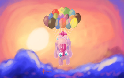 attached_to_balloon balloon balloon_support blue_eyes cloud cutie_mark female feral floating hair hanging_from_balloon hooves inflatable inflatable_support pink_body pink_hair solo sunset gyrotech friendship_is_magic hasbro my_little_pony pinkie_pie_(mlp) earth_pony equid equine horse mammal pony hi_res
