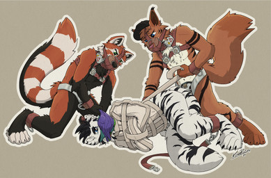 ankle_cuffs anthro bdsm belly beret biped black_body black_fur black_stripes blue_eyes bodily_fluids bondage bound chastity_belt chastity_device chest_tuft clothing collar crying cuff_(restraint) d-ring dominant dominant_anthro dominant_in_chastity frown fur fur_markings gag gagged green_eyes group harness hat headgear headwear leather leather_cuffs long_tail male markings metal_chastity_belt muzzle_(object) muzzled nude nude_anthro orange_body orange_fur otn_gag outline pleading_eyes restraints shock_collar simple_background straitjacket stripes submissive submissive_anthro submissive_male tail tears tuft two_doms_one_sub white_belly white_body white_fur white_outline wrist_cuffs kemira leo_(flamepojken) orderic vaurien ailurid bengal_tiger felid mammal pantherine red_panda rodent sciurid tiger tree_squirrel 2024 absurd_res hi_res signature