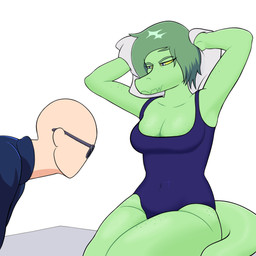 annoyed anthro bald big_breasts biped blue_clothing blue_jacket blue_topwear breasts clothed clothed_anthro clothed_female clothed_human clothed_male clothing drying drying_hair duo eyes_mostly_closed eyewear female freckled_arms freckled_breasts freckled_face freckled_legs freckled_thighs freckles glare green_body green_hair green_scales grey_eyes hair hands_behind_head human_on_anthro interspecies jacket long_tail looking_at_belly male male/female medium_hair narrowed_eyes navel non-mammal_breasts one-piece_swimsuit purple_clothing purple_swimwear scales simple_background sitting stare sunglasses swimwear tail topwear towel white_background yellow_sclera big_daddy_(artist) cavemanon_studios i_wani_hug_that_gator inco_(iwhtg) olivia_halford baryonyx dinosaur human mammal prehistoric_species reptile scalie spinosaurid theropod 1:1 colored hi_res