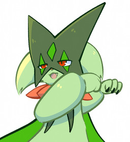 3_fingers ambiguous_gender anthro cape claws clothing facial_markings fangs finger_claws fingers flower_(anatomy) fur gesture green_body green_fur green_mask head_markings leaf_(anatomy) markings mask open_mouth pupils rawr red_eyes simple_background slit_pupils solo standing teeth white_background white_sclera momensarada nintendo pokemon generation_9_pokemon meowscarada pokemon_(species) 2023 colored half-length_portrait hi_res portrait