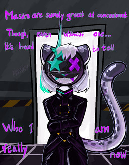 ambiguous_gender antennae_(anatomy) anthro clothing hair harness latex latex_clothing latex_skinsuit mask restraints skinsuit solo straitjacket text tight_clothing wearing_mask white_hair mossky felid mammal pantherine snow_leopard english_text