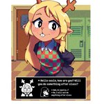 anthro blonde_hair blush bottomwear buckteeth clothed clothing dialogue door female freckles greeting hair hallway hands_behind_back inside locker looking_at_viewer pattern_clothing pattern_shirt pattern_topwear plaid plaid_clothing plaid_shirt plaid_topwear pupils shirt skirt teeth text topwear sn0 deltarune undertale_(series) noelle_holiday susie_(deltarune) deer mammal new_world_deer reindeer 1:1 english_text