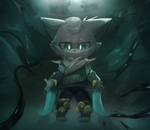 ambiguous_gender anthro armor blue_eyes bodily_fluids clothed clothing crying detailed_background footwear fur grey_body grey_fur half-closed_eyes head_tuft looking_down narrowed_eyes pauldron pose pupils slit_pupils solo standing tears toeless_footwear tuft smite_(artist) league_of_legends riot_games tencent llun_(smite) domestic_cat felid feline felis mammal yordle full-length_portrait hi_res portrait male_(lore)
