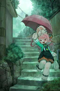 3_toes 5_fingers ahoge anklet anthro barefoot blush braided_pigtails claws clothed clothed_anthro clothed_female clothing detailed_background dress ear_piercing ear_ring feet female fingers flat_chested fully_clothed fully_clothed_anthro fully_clothed_female fur grocery_bag hair holding_object holding_umbrella inner_ear_fluff jewelry one_eye_closed outside paws piercing pink_body pink_fur pink_hair raining red_eyes ring_piercing sky solo stairs toes tuft umbrella peppergecko72 mihoyo zenless_zone_zero zhao_(zenless_zone_zero) lagomorph leporid mammal rabbit thiren 2026 absurd_res hi_res
