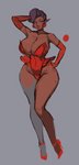 big_breasts breasts cleavage clothed clothing dark_body dark_skin female footwear grey_background hand_on_hip high_heels huge_breasts humanoid_pointy_ears not_furry pointy_ears shoes simple_background solo wide_hips liveforthefunk vanessa_(liveforthefunk) elf humanoid absurd_res hi_res