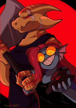 alternate_universe axe duo eyewear female hair looking_at_viewer melee_weapon red_hair scar sharp_teeth sunglasses teeth weapon hakkids2 swapfell undertale undertale_(series) alphys undyne animal_humanoid aquatic aquatic_humanoid fish fish_humanoid humanoid lizard reptile scalie 2019 digital_media_(artwork) hi_res shaded