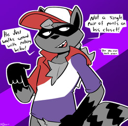 5_fingers accessory anthro baseball_cap black_body black_eyes black_fur black_inner_ear bottomless chest_tuft clothed clothing dialogue facial_markings fingers front_view fur gesture gloves_(marking) grey_body grey_fur grey_hair hair hair_accessory hairband hand_gesture hat head_markings headgear headwear male markings mask_(marking) open_clothing open_mouth open_shirt open_topwear pattern_background pointing pointing_down ponytail purple_background purple_clothing purple_shirt purple_topwear red_clothing red_hat red_headwear red_shirt red_topwear sharp_teeth shirt simple_background smile smirk solo speech_bubble striped_background teeth text topwear tuft white_clothing white_hat white_headwear white_shirt white_topwear felino trick_(tricktrashing) mammal procyonid raccoon 2022 english_text hi_res