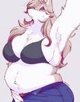 anthro armpit_hair belly big_breasts blue_eyes blush bodily_fluids body_hair bottomwear bra breasts clothing colored_nails denim denim_bottomwear denim_clothing eyelashes female fur hair jeans kemono love_handles multicolored_body nails navel navel_piercing overweight overweight_anthro overweight_female pants piercing solo sweat sweatdrop tan_body tan_fur two_tone_body underwear white_body white_fur suda meg_(suda) canid canine mammal 2024 hi_res