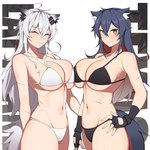 accessory big_breasts bikini black_bra black_clothing black_underwear bra breast_squish breasts clothing duo eyes_closed female fingerless_gloves fur gloves hair hair_accessory hairclip handwear long_hair looking_at_viewer navel scar simple_background smile squish swimwear two-piece_swimsuit underwear white_bra white_clothing white_hair white_underwear hanenosaki arknights hypergryph studio_montagne lappland_(arknights) texas_(arknights) animal_humanoid canid canid_humanoid canine canine_humanoid humanoid mammal mammal_humanoid wolf_humanoid 2022 hi_res