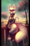 amber_eyes anthro biped black_nose clothed clothing feet female fluffy fluffy_tail fur long_tail looking_at_viewer outside partially_clothed sitting smile solo tail text toes white_body white_fur mylafox teenage_mutant_ninja_turtles alopex arctic_fox canid canine fox mammal true_fox 2015 2:3 url