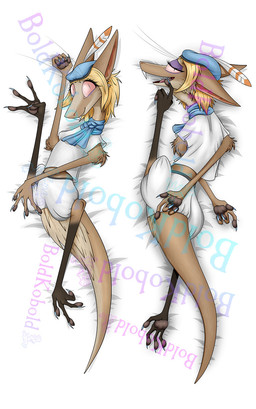 anthro brown_body brown_fur clothed clothing dakimakura fur half-closed_eyes hat headgear headwear long_tail male male/male narrowed_eyes pink_eyes smile solo tail valsalia out-of-placers lopin mammal yinglet hi_res