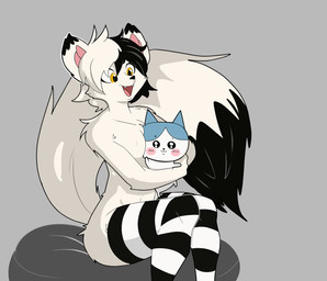anthro big_tail chest_tuft clothed clothing femboy fluffy fluffy_tail fox_ears fur knock-kneed lean_body legs_together legwear looking_down male multicolored_body pantsless plushie shirtless simple_background sitting smile solo stockings tail tuft white_body white_fur villegreen canid canine fox mammal hi_res