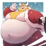 2_horns anthro beard belly big_belly blonde_beard blonde_facial_hair blonde_hair bottomwear chest_tuft christmas_clothing christmas_headwear clothing costume facial_hair floppy_ears fur gesture hair hat headgear headwear holidays horn jacket male moobs morbidly_obese mustache obese obese_anthro obese_male one_eye_closed open_mouth overweight overweight_anthro overweight_male pants red_bottomwear red_clothing red_jacket red_pants red_topwear santa_costume santa_hat shirtless shirtless_male snow snowing solo standing thick_thighs topwear tuft waving white_body white_fur racesolar christmas undertale_(series) asgore_dreemurr bovid caprine goat mammal 1:1 absurd_res hi_res