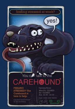 4_eyes ambiguous_gender claws feral floppy_ears multi_eye poster poster_template sharp_teeth snout solo teeth text tongue tongue_out pidgequill don't_hug_me_i'm_scared carehound canid canine canis domestic_dog mammal alpha_channel english_text hi_res