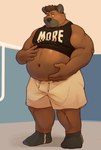 anthro belly big_belly clothed clothing male musclegut muscular shirt simple_background snaggle_tooth solo tank_top topwear bearwithabroom agent_rk hyena mammal hi_res