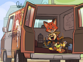 3_toes 4_fingers anthro barefoot bodily_fluids brown_pawpads claws clothing countershade_feet countershading crying duo feet fingers fur male medium_truck naughty_face pawpads pink_pawpads size_difference spread_toes tears tickling toe_claws toes truck van vehicle benj24 disney zootopia finnick_(zootopia) nick_wilde canid canine fennec_fox fox mammal red_fox true_fox 2017 4:3
