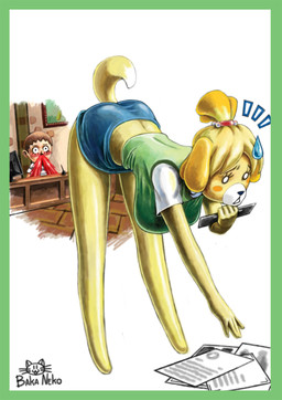 accessory anthro black_nose blood blush bodily_fluids bottomwear breasts clothed clothing clumsy desk electronics eyelashes female fur furniture hair hair_accessory long_ears long_legs male midriff miniskirt monitor nosebleed raised_tail shirt skirt sweat table tail topwear uniform upskirt wide_eyed yellow_body yellow_fur baka_neko animal_crossing nintendo isabelle_(animal_crossing) canid canine canis domestic_dog human mammal shih_tzu toy_dog 2013 hi_res