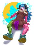 big_pussy blue_hair clothing clown clown_makeup clown_nose clown_paint clown_shoes dark_body dark_skin female flower frilly genitals glowing glowing_eyes hair heart_eyes heart_symbol horn hyper hyper_genitalia hyper_pussy legwear navel not_furry pattern_clothing pattern_legwear plant polka_dots purple_pussy pussy smile solo striped_clothing striped_legwear stripes white_flower comfycushion fidget_(genesisterra) demon humanoid 3:4