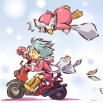 1:1 ambiguous_gender bag blue_hair bodily_fluids cosplay delibird duo envelope feral generation_2_pokemon hair hitec holding_fixture human male mammal motor_scooter motorcycle nintendo pokemon pokemon_(species) short_hair side_view simple_background sweat vehicle white_hair