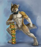 abs animal_genitalia anthro balls biceps big_muscles black_claws brown_hair burger cheek_tuft cheese claws collar collar_only dairy_products digitigrade facial_hair facial_tuft fist food front_view frown fruit fully_sheathed genitals goatee hair heterochromia holding_food holding_object inner_ear_fluff ketchup lettuce looking_aside male male_anthro mayonnaise meat muscular muscular_male navel nude onion pecs plant pose quads sesame_seed_bun sheath short_hair simple_background solo stack tomato triceps tuft vegetable whiskers wide_eyed kyma kyma_(character) canid canine canis coyote domestic_dog husky hybrid mammal nordic_sled_dog spitz 2019 absurd_res full-length_portrait hi_res portrait