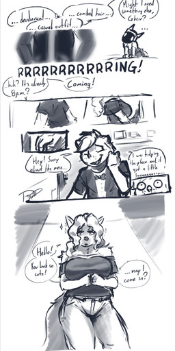 anthro blood bodily_fluids confusion dialogue fancy_clothing female hair machine male male/female nervous nosebleed protogen_visor surprised text ravid_anml ghirr_firewire_mertens_(ravid_anml) nora_seulis_(ravid_anml) tobias_hecaucatl_(ravid_anml) american_opossum canid canine canis mammal marsupial protogen wolf absurd_res comic english_text hi_res monochrome sketch