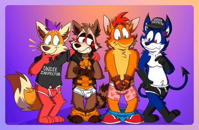 3_toes 4_fingers anthro arm_tuft barefoot black_baseball_cap black_briefs black_claws black_clothing black_underwear blue_background blush bottomwear bottomwear_down boxers_(clothing) briefs brown_eyes brown_hair bulge cheek_tuft chest_tuft claws clothed clothing colored_seam_underwear crossed_arms crotch_tuft dipstick_tail elbow_tuft embarrassed facial_tuft feet finger_claws fingerless_gloves fingers footwear fur gloves gloves_(marking) gradient_background green_eyes group hair handwear hat headgear headwear heart_boxers heart_clothing heart_symbol heart_underwear humiliation inner_ear_fluff knee_tuft leg_markings leg_tuft male markings multicolored_body multicolored_fur multicolored_tail orange_background orange_body orange_fur outline pants pants_down pantsless_anthro pantsless_male partially_clothed pink_clothing pink_underwear plantigrade purple_background purple_hair purple_outline red_background red_body red_briefs red_clothing red_eyes red_fur red_hair red_underwear ring_(marking) ringed_tail shirt shoes shorts shorts_down shoulder_tuft simple_background socks_(marking) standing striped_markings striped_tail stripes tail tail_markings tan_body tan_fur text tighty_whities toe_claws toes toony topless topwear tuft two_tone_body two_tone_briefs underwear white_briefs white_clothing white_seam_briefs white_seam_underwear white_underwear mushketeery activision crash_bandicoot_(series) guardians_of_the_galaxy marvel crash_bandicoot rocket_raccoon bandicoot canid canine canis fox mammal marsupial procyonid raccoon wolf 2021 absurd_res english_text hi_res signature unavailable_at_source