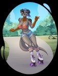 anthro blue_hair bottomwear bra clothed clothing eyewear female floppy_ears footwear forearms fur glasses grey_body grey_fur hair midriff outside park quad_skates raised_arm raised_forearm roller_skates shorts smile socks solo underwear katfishcom canid canine canis domestic_dog hybrid mammal mustelid otter alpha_channel hi_res