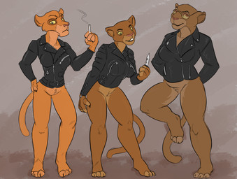 anthro anthrofied black_clothing black_jacket black_topwear bottomless bottomless_female breasts brown_body brown_fur cigarette clothed clothing crotch_tuft eyewear featureless_crotch female fur group hands_behind_back holding_knife holding_object holding_weapon jacket knife leather leather_clothing leather_jacket leather_topwear on_one_leg standing sunglasses thick_thighs topwear tuft weapon yellow_body yellow_fur stupidgnoll disney the_lion_king nala_(the_lion_king) sarabi_(the_lion_king) vitani_(the_lion_king) felid lion mammal pantherine