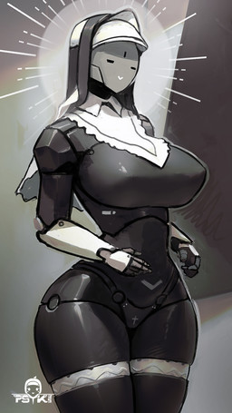 3_eyes big_breasts breasts cross female joints machine mouthless multi_eye nun nun_outfit small_waist solo thick_thighs psyk323 humanoid robot robot_humanoid hi_res watermark